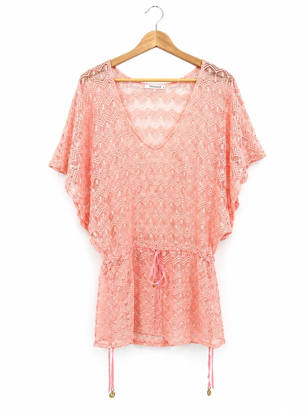 Paradise Coral Pink Open Knit Swim Coverup Sheer Mini Dress Beach Size Small